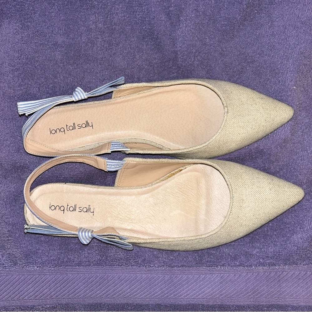 Long Tall Sally Beige Canvas Slingback Low Heels with Side Bow, 14 Medium
